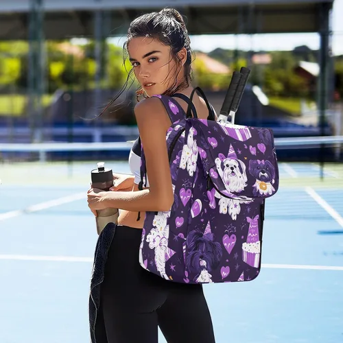 Vista 7 de Women Men Tennis Backpack Large Sturdy Cartoon Cute Purple Birthday Dog 3 Rackets Badminton Shoulder Bag for Women Men para raqueta