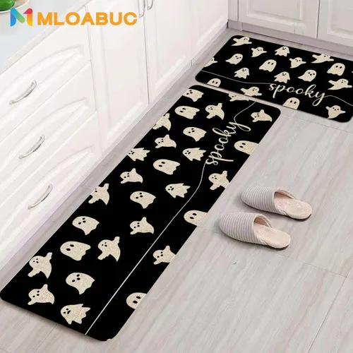 Vista 5 de Mloabuc® Happy Halloween - Juego de 2 tapetes de cocina, alfombra de cocina decorativa negra espeluznante con texto divertido, alfombra de piso