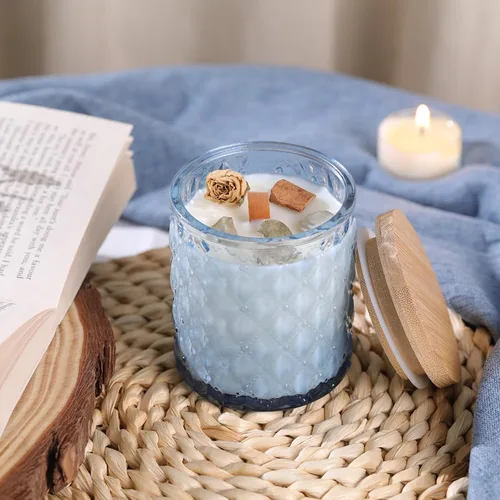 Vista 3 de MATAHUM Paquete de 8 tarros de vela azules para hacer velas, tarros de vidrio vacíos de 7 onzas para hacer velas con tapas de bambú para suministros