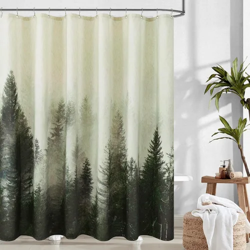 Vista 9 de ORTIGIA Cortina de ducha con diseño de bosque de montaña, tela de lino de mezcla pesada, árbol natural negro, cortina de baño de bosque brumoso, 60