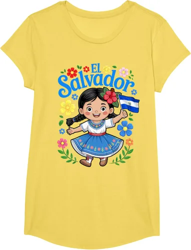 Vista 12 de Camiseta de estilo tradicional floral para niña con la bandera de El Salvador