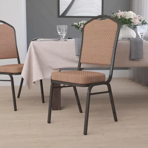 Vista 22 de EMMA + OLIVER Silla de banquete con respaldo de corona, tela estampada beige/marco dorado