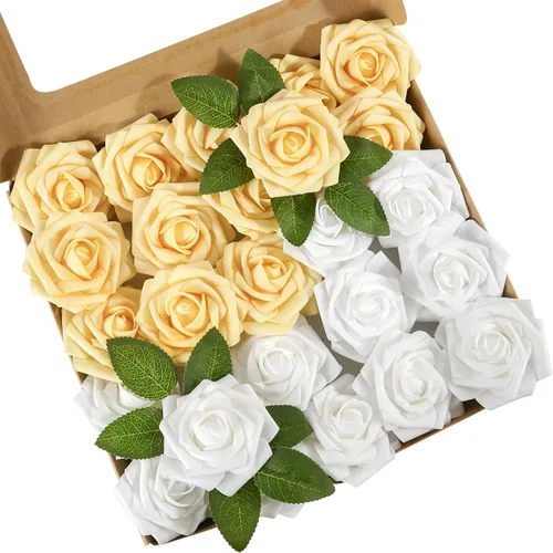Vista 26 de Flores artificiales, 25 piezas, rosa artificial azul bebé para ramos de boda, centros de mesa, arreglos, flor falsa con tallos para decoración