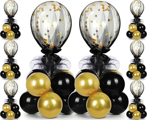 Vista 8 de BBTO Juego de 8 centros de mesa con soporte para globos, kit de 80 globos de látex y soporte de mesa con base de tul para boda, cumpleaños, baby Oro