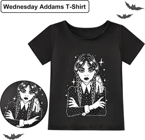 Vista 3 de Wednesday Addams - Vestido de disfraz para niños y niñas, cosplay, fiesta de Halloween, conjunto de disfraces con aretes y calcetines