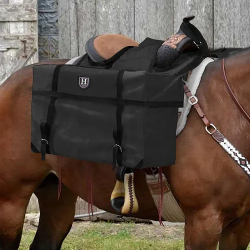 Vista 2 de Harrison Howard Robusto seguro versátil sobre la bocina contorneado sin rebote diseño alforja alforja bolsas portador Western Saddle Bag Negro