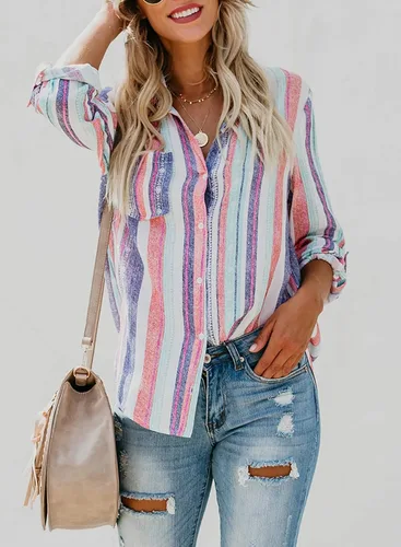 Vista 3 de Astylish - Camisa a rayas para mujer con cuello en V mangas enrollables y botones