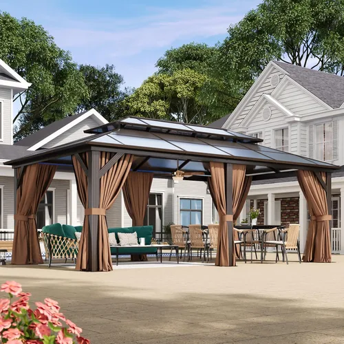 Vista 25 de Aoxun 10'x10' Outdoor Gazebo with Polycarbonate Roof Khaki Single Roof Caqui