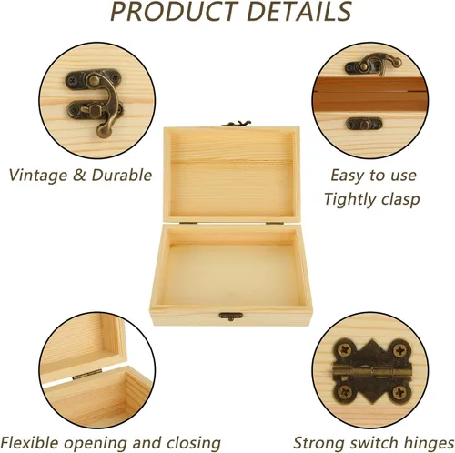 Vista 5 de Acrux7 Paquete de 4 cajas de madera sin terminar, caja de madera sin pintar de 7.2 pulgadas con tapa con bisagras, pequeñas cajas de almacenamiento