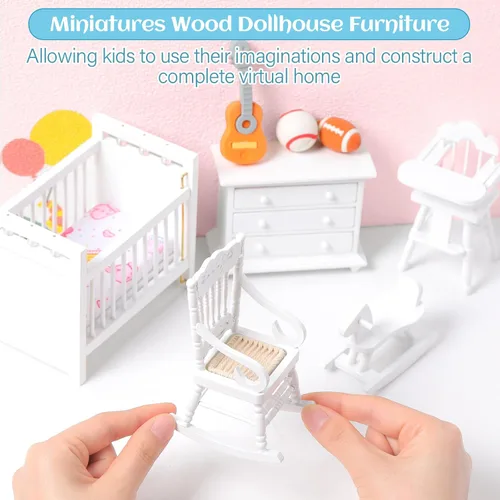 Vista 2 de Silipull Juego de 5 piezas de muebles de madera para casa de muñecas escala 1:12, miniatura, muebles de dormitorio de madera, accesorios de casa