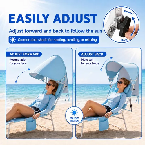 Vista 5 de Silla de bronceado de playa con mochila y toldo con protección solar y orificio para la cara, silla de sol plegable de 6 posiciones para adultos