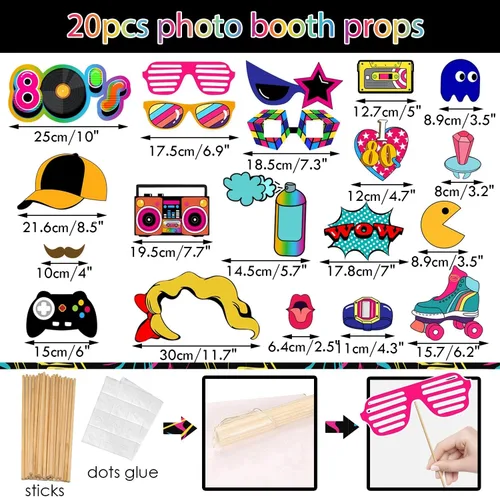 Vista 3 de Juego de 21 portarretratos inflables para selfies de los años 80 y accesorios para fiestas retro de los años 80 I Love 80s Party Selfie Props