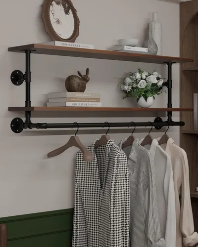 Vista 19 de Perchero negro de 36 pulgadas, perchero montado en la pared con estante de madera real negra, perchero colgante resistente, barra para colgar
