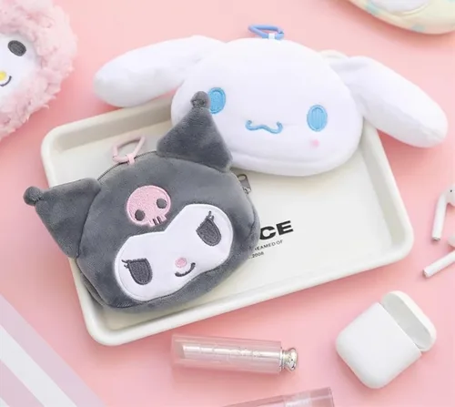 Vista 3 de Kuromi - Monedero de felpa con cremallera en forma de cara con mosquetón, Gris, Cara Kuromi