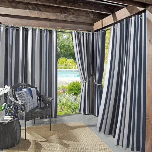 Vista 13 de Par de paneles de cortina con ojales Sun Zero Valencia estilo cabaña a rayas para interior/exterior con protección UV y eficiencia energética