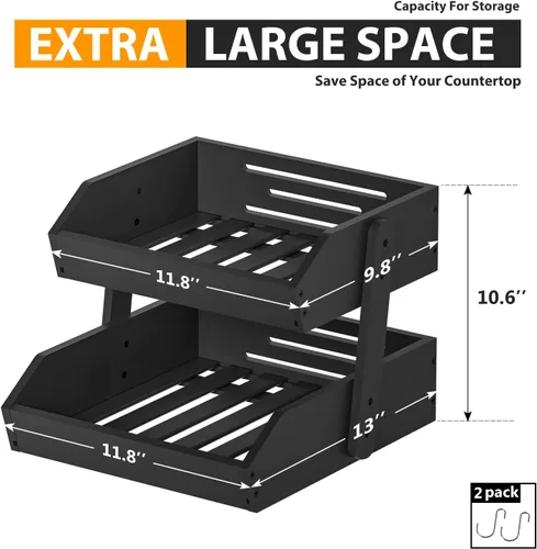 Vista 3 de Gmtsl Cesta de frutas de bambú para cocina, frutero de 2 niveles para encimera de cocina, soporte grande para frutas con 2 ganchos para plátanos