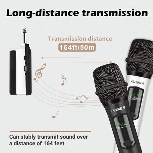 Vista 6 de talomen Micrófonos inalámbricos, micrófono dual profesional de karaoke para cantar, sistema de micrófono dinámico inalámbrico de mano con receptor