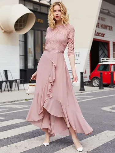Vista 4 de Vestido largo de dama de honor con vuelos de encaje y cuello en V para mujer de MIUSOL
