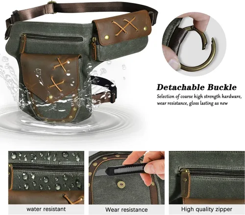 Vista 5 de Handadsume Lona resistente al agua más cuero motocicleta riñonera un hombro gota pierna muslo bolsa para hombres mujeres N211-8, El Verde Ejército
