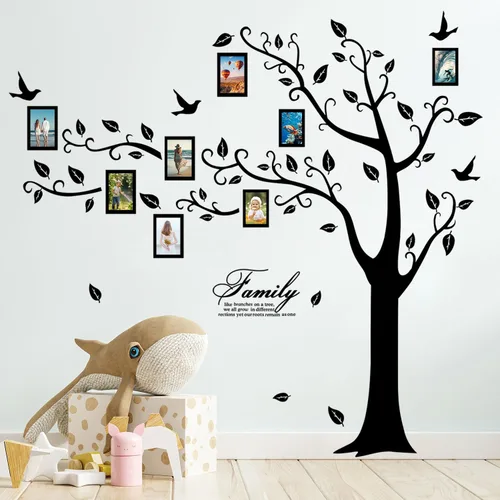 Vista 4 de Adhesivo de pared para árbol de fotos familiar grande, marco de fotos 3D, calcomanías de pared de árbol con citas extraíbles, hojas y pájaros, Negro