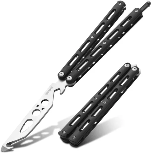 Vista 15 de Dispatch Cuchillo mariposa de entrenamiento Balisong sin afilar con hoja de acero inoxidable, mango 3Cr13 negro (con recortes) y traba