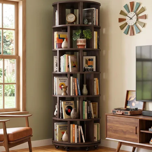 Vista 10 de Besiost 6-Tier Rotating Bookshelf Tower, Solid Wood 360° Revolving Bookcase Round Spinning Book Shelf Organizer on 6 Wheels, Narrow Rolling