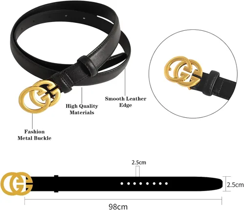 Vista 415 de Cinturón de cuero clásico con hebilla de metal para mujer con vestido de jeans