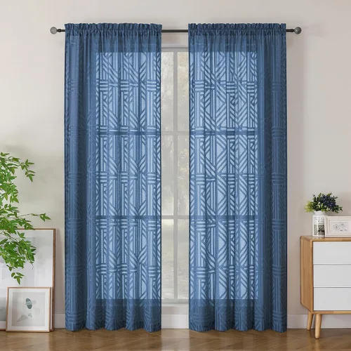 Vista 23 de Simplebrand Cortinas traslúcidas negras de cocina de 24 pulgadas de largo, 2 paneles, filtrado de luz, geométrico jacquard con textura, cortinas