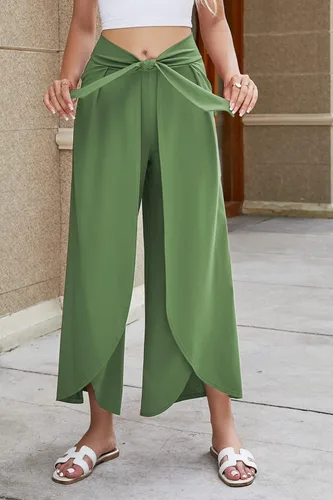 Vista 5 de Allimy Pantalones casuales de cintura alta Palazzo con piernas anchas para mujer, pantalones cruzados suaves con lazo frontal