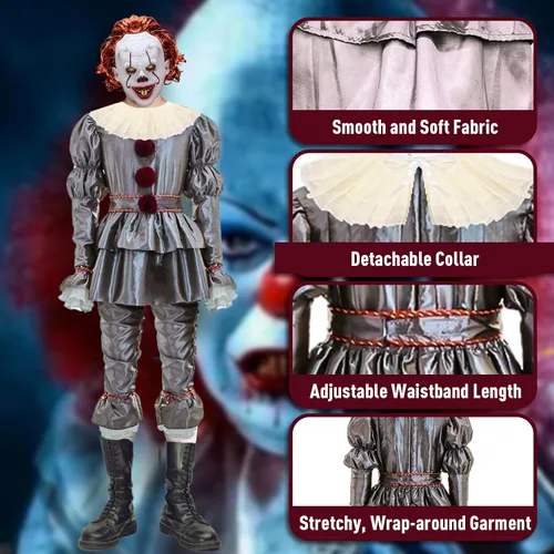Vista 5 de Disfraz de payaso para adultos, disfraz de payaso para Halloween, disfraz de payaso aterrador para adolescentes, juego de rol para hombres y mujeres