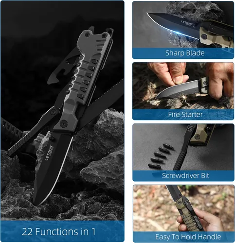 Vista 3 de Cuchillo multibolsillo, 22 en 1, herramientas EDC de equipo de supervivencia con funda de nailon, emergencia, campamento, senderismo, caza, regalo