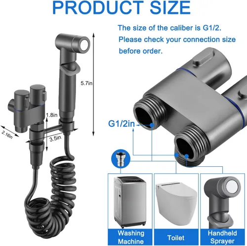 Vista 6 de Pulverizador de bidé de mano para inodoro, accesorio de bidé de válvula de control dual de 1 en 2 salidas, kit de rociador de mano ajustable