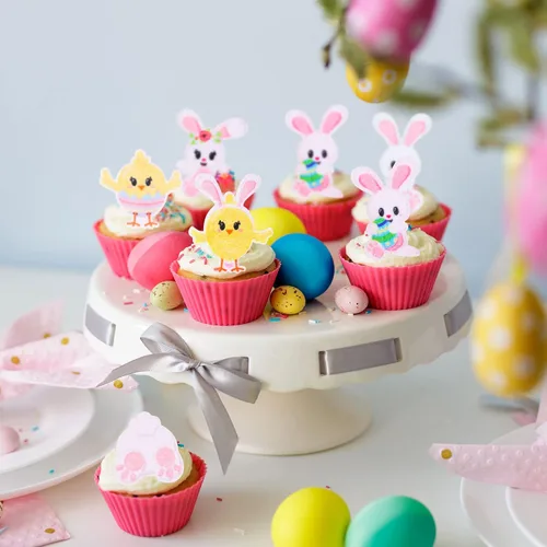 Vista 5 de Gyufise Paquete de 24 adornos para cupcakes de Pascua con diseño de conejo, conejo, huevo, pollo, cupcakes, temática de Pascua, baby shower, niños