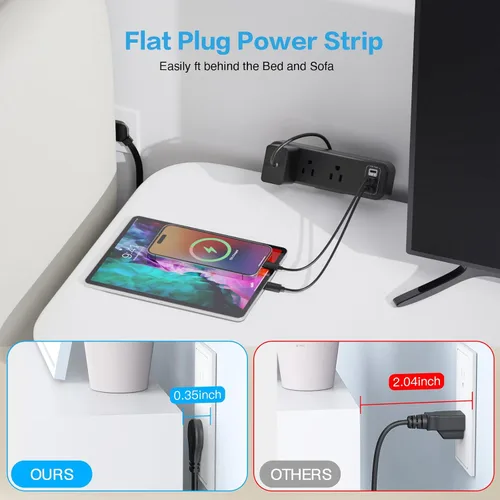Vista 2 de Regleta de alimentación con abrazadera de escritorio de 3 salidas con USB C, enchufe plano negro abrazadera de borde de escritorio, enchufe
