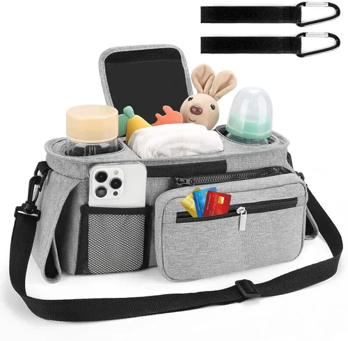 Vista 4 de Organizador universal para cochecito con portavasos aislado, bolsa desmontable para teléfono y correa de transporte, se adapta a Uppababy, Baby claro