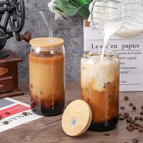 Vista 3 de CWHHRN Vasos de vidrio con tapas y pajitas, vasos de 16 onzas, tazas de café helado, vaso de vidrio con tapa, ideal para soda, té Boba Cocktai