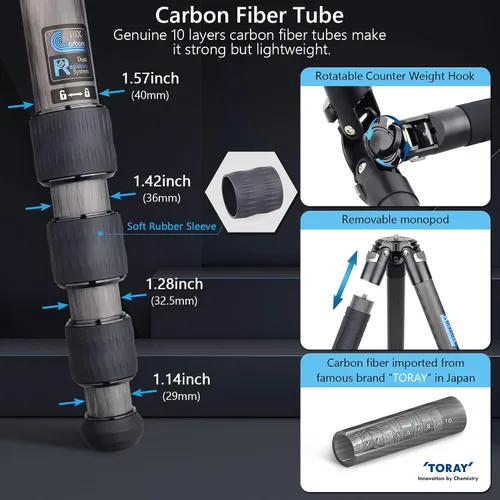 Vista 6 de Trípode compacto ligero de fibra de carbono de 1.57 pulgadas con cabezal de bola de perfil bajo de 1.57 pulgadas, soporte de cámara de viaje