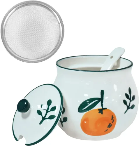 Vista 9 de Koythin Recipiente de grasa de tocino de cerámica con colador, 23 onzas, adecuado para almacenar aceite de freír y grasa de cocina (cian y naranja)