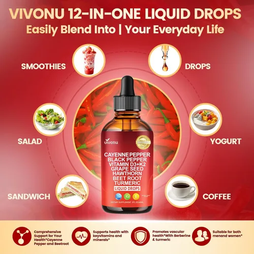Vista 7 de Suplemento líquido de gotas de pimienta de cayena + tecnología liposomal 98% de absorción, soportes* vena de piernas, corazón y vasos sanguíneos*