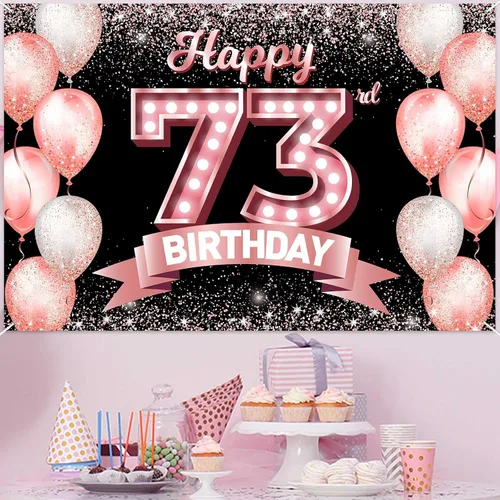 Vista 253 de Cartel de feliz cumpleaños décimo oro rosa, telón de fondo, saludos a 10 años, globos de confeti, decoración temática para niñas de 10 años