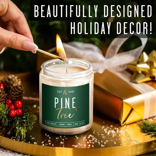 Vista 3 de Vela de pino, velas perfumadas de pino, velas de Navidad perfumadas – Vela de soja 'Pine Tree', con agujas de abeto, cedro cálido y sándalo