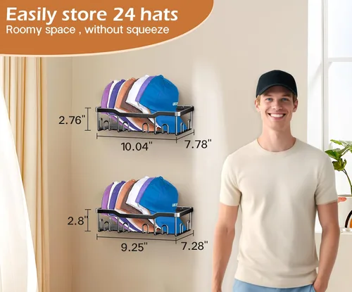 Vista 4 de KEETDY Percheros de metal para gorras de béisbol, organizador de sombreros de pared para 24 gorras, 2 paquetes de organizador resistente de Negro