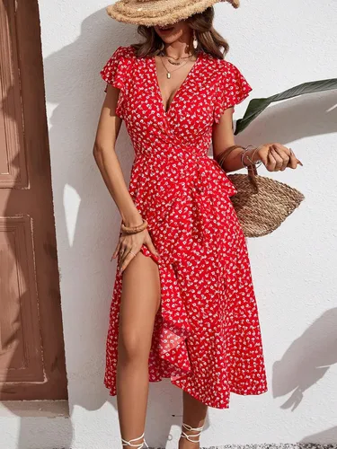 Vista 3 de WDIRARA Vestido midi cruzado de cintura alta con cuello en V y estampado floral para mujer
