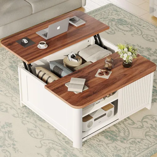 Vista 11 de Decofy Mesa auxiliar elevable con almacenamiento de mediados de siglo, modernas mesas de centro cuadradas para sala de estar, gran compartimento