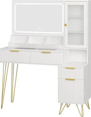 Vista 7 de Escritorio de tocador de 43 pulgadas con espejo y luces, mesa de tocador de maquillaje con 4 cajones, tocador blanco para dormitorio, escritorio