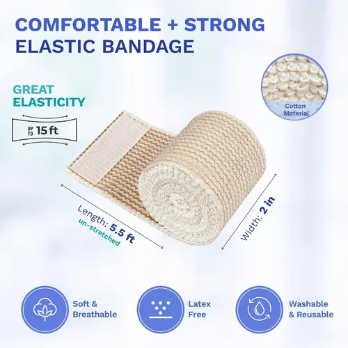 Vista 3 de Vendaje elástico de 2 pulgadas con cierre automático, paquete de 2, estirado de 15 pies, sin látex, reutilizable, lavable, soporte de compresión