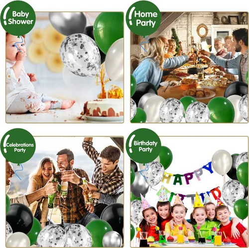 Vista 6 de 100 globos de color verde, plateado, negro y blanco, cromados, metálicos y globos de confeti para decoraciones de graduación, cumpleaños, baby