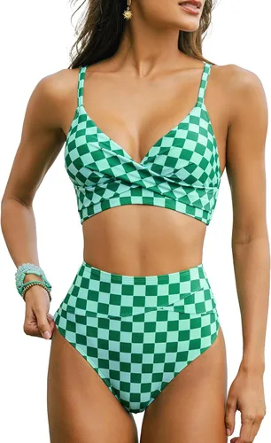 Vista 19 de CUPSHE Conjunto de bikini de dos piezas con cuello en V y cintura alta para Negro/Verde