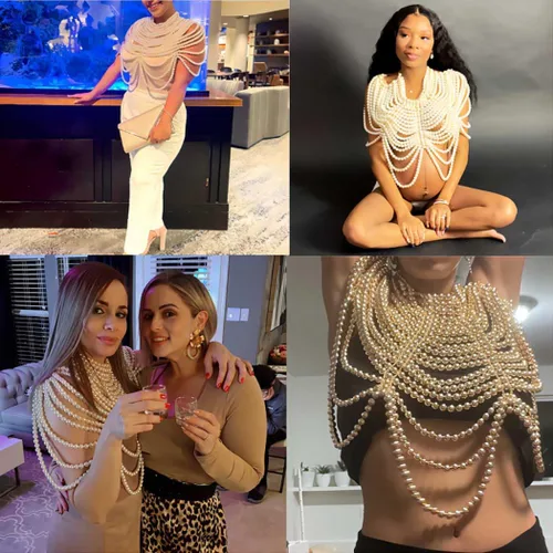 Vista 5 de Collar de chal de cadena de cuerpo de perlas, sujetador de perlas, cadena de hombro con cuentas sin espalda, cadenas en el pecho, traje rave