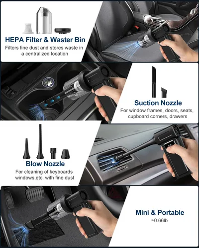 Vista 4 de Aspirador de aire eléctrico comprimido y aspiradora de mano para automóvil, batería 2 en 1-10000 mAh, 180000 rpm, soplador de aire echargeable de 4
